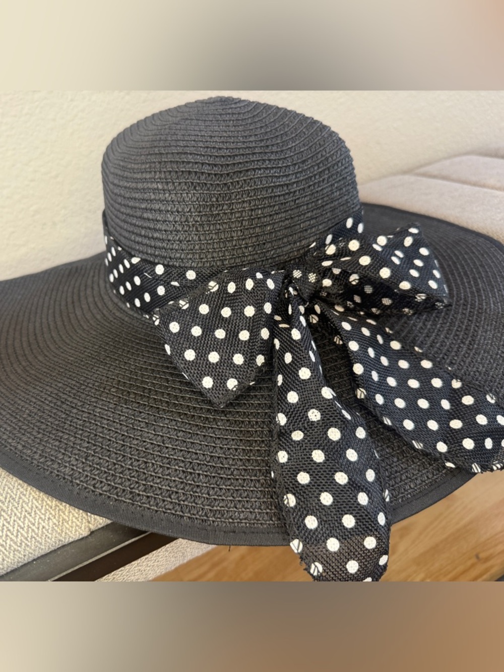 Black Wide-Brim Straw Sun Hat with Polka Dot Ribbon - Picture 2 of 16